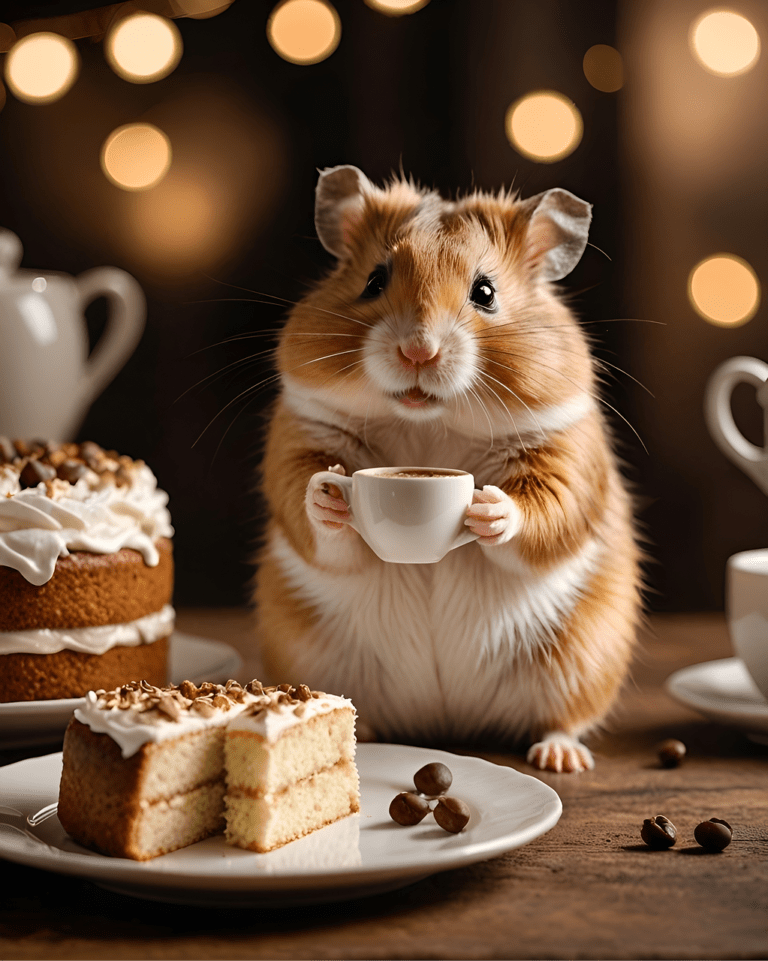 ai generated, hamster, cakes, coffee, domestic animal, cute, rodent, mammal, furry, adorable, hamster, hamster, hamster, hamster, hamster