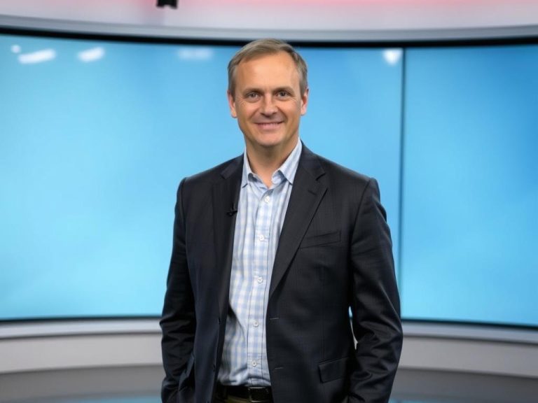 Adrian Klarenbach podczas programu telewizyjnego - wzrost dziennikarza widoczny w ujęciu pełnej sylwetki