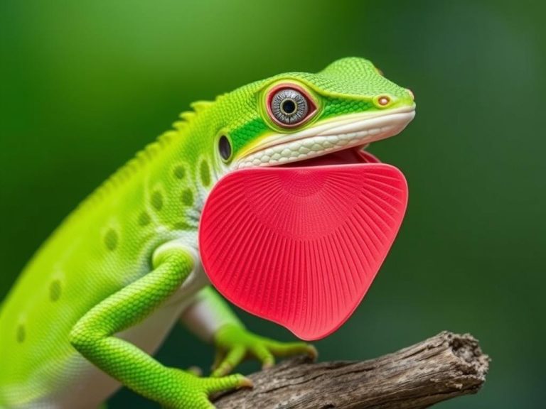 Anolis zielony z widocznym czerwonym fałdem podgardzielowym