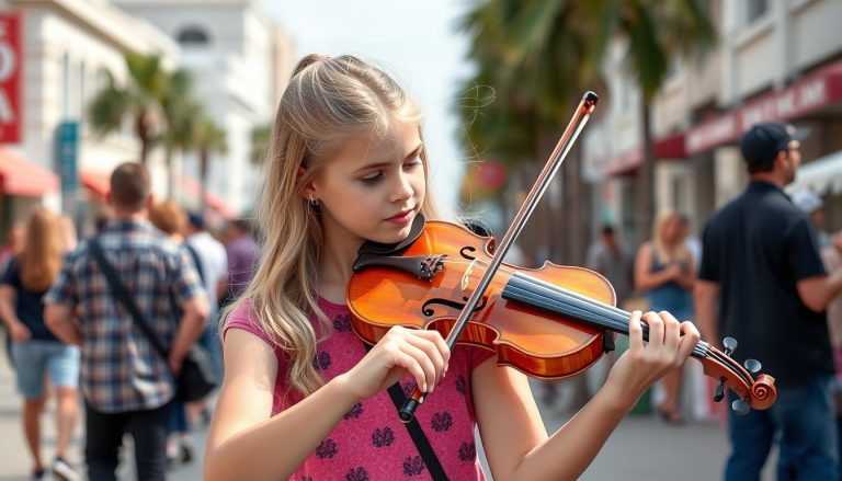 Karolina Protsenko grająca na skrzypcach na ulicy w Santa Monica, California