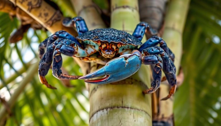 Krab palmowy (kokosowy) w naturalnym środowisku na palmie kokosowej, prezentujący swoje imponujące rozmiary i charakterystyczne szczypce
