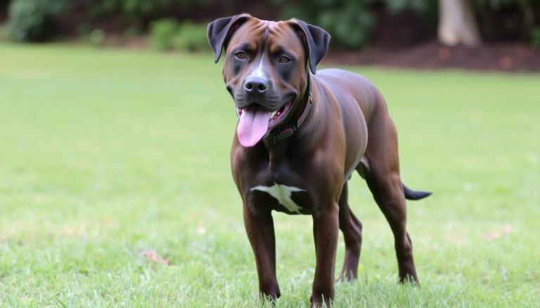 Labrastaff: mieszanka labradora z amstafem stojący na trawie, ukazujący charakterystyczne cechy obu ras
