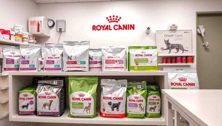 Logo i produkty Royal Canin na tle kliniki weterynaryjnej