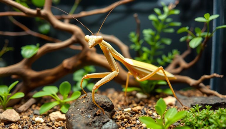 Modliszka w terrarium domowym z odpowiednim wyposażeniem