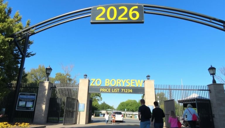 Wejście do Zoo Borysew z tablicą informacyjną o cenniku 2026