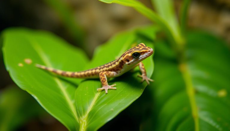 Gekon płaczący (Lepidodactylus lugubris) na liściu rośliny w terrarium