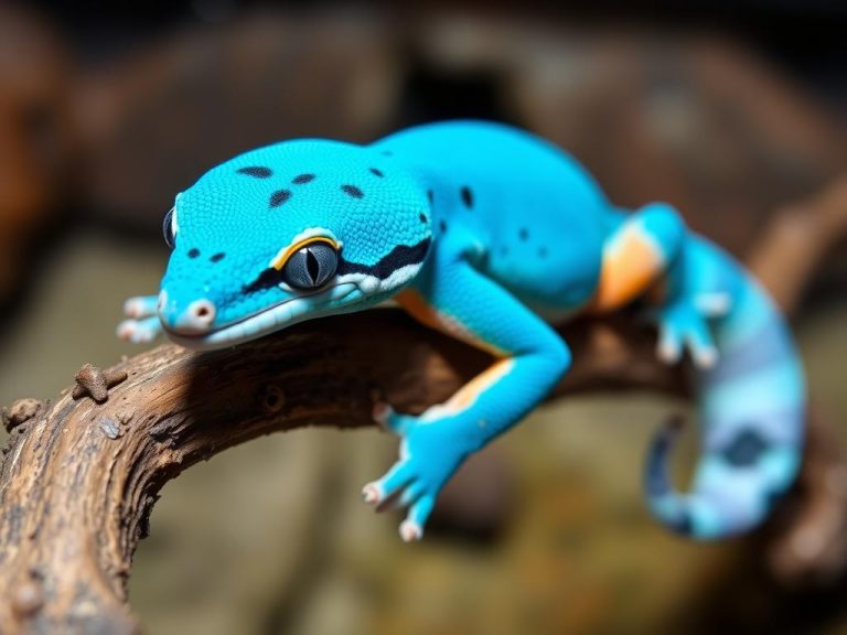 Samiec gekona Williamsa (Lygodactylus williamsi) o intensywnie turkusowym ubarwieniu na gałęzi w terrarium