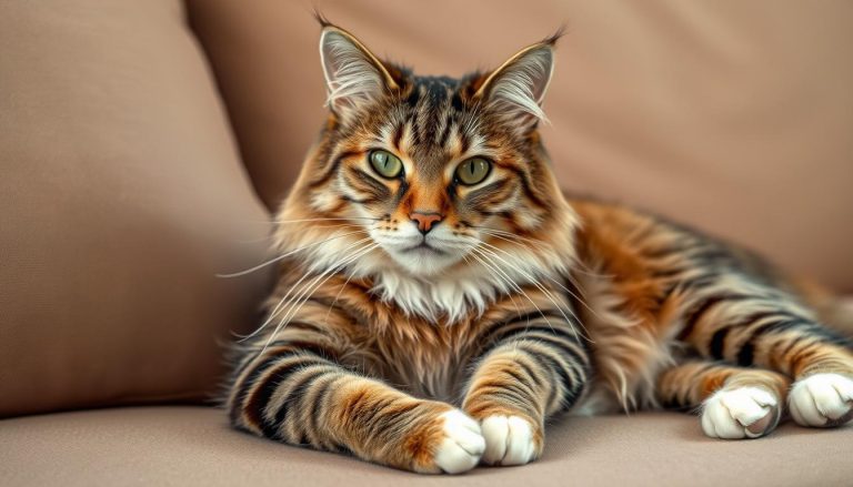 Mieszaniec maine coon z dachowcem leżący na kanapie