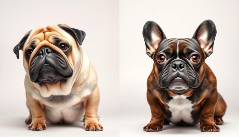 Mops i buldog francuski obok siebie pokazujący różnice w wyglądzie