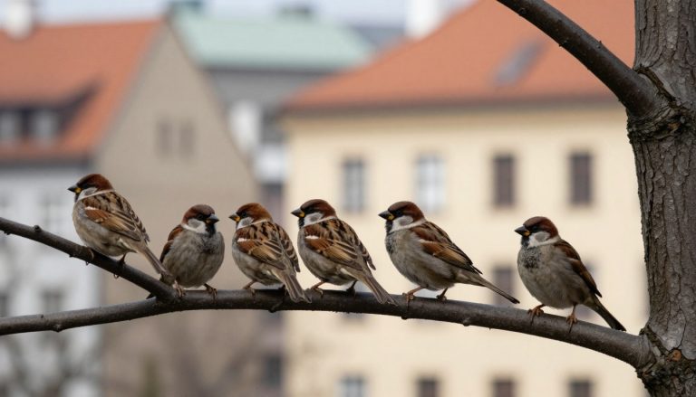 wróble w polsce siedzące na gałęzi drzewa w polskim mieście