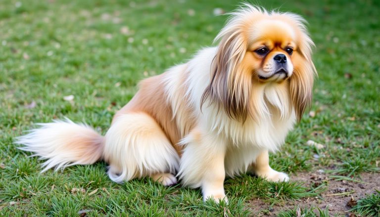Spaniel tybetański siedzący na trawie, ukazujący charakterystyczną budowę ciała i długą sierść