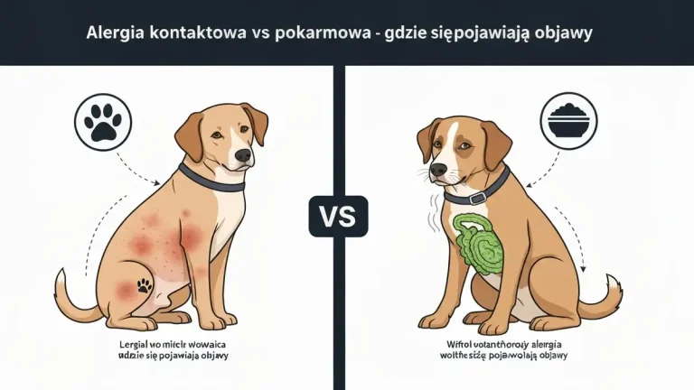 Porównanie alergii kontaktowej i pokarmowej u psa - infografika pokazująca różne objawy na ciele psa