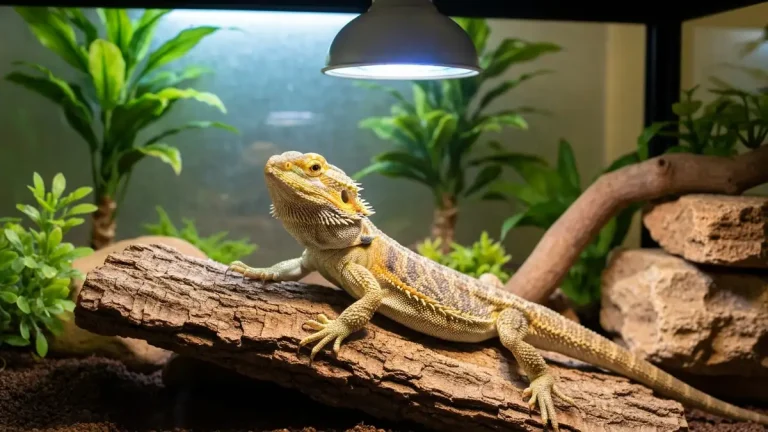 Agama brodata pod lampą UVB w terrarium