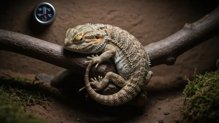Agama brodata śpiąca na gałęzi podczas brumacji zimowej w terrarium