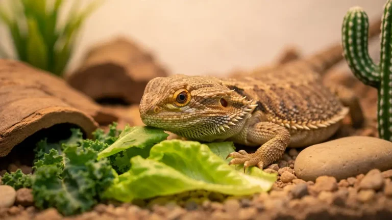 Mała agama brodata (bearded dragon) jedzące świeżą zielenię w terrarium