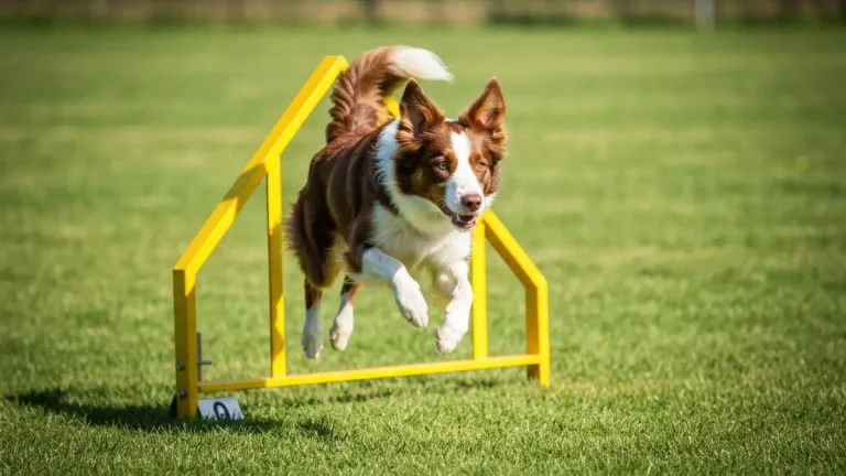 Pies rasy border collie w pełnym ruchu podczas konkurencji agility, skaczący przez przeszkodę na zielonej trawie