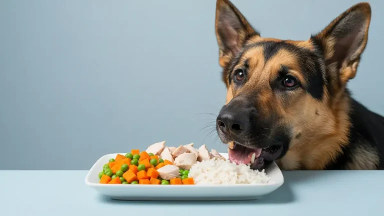 Psi na jasnym tle jedzącej zdrowotną dietę z ryżem i mięsem