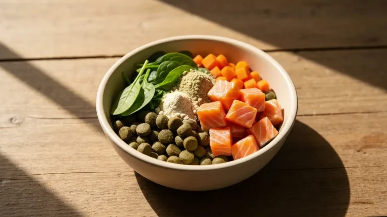 Miska z pożywną karmą dla psa z nowotworem zawierającą białka, tłuszcze omega-3 i warzywa