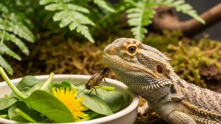 Młoda agama brodata siedząca na karmie - owady i zielenina obok