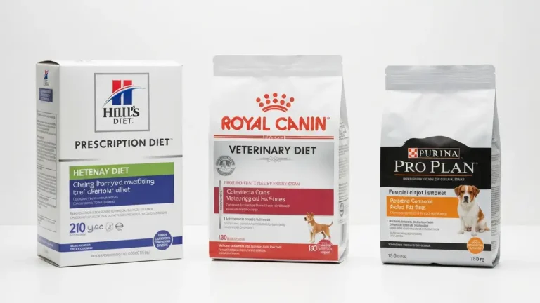 Trzy opakowania diet leczniczych dla psa: Hill's Prescription Diet, Royal Canin Veterinary Diet i Purina Pro Plan, ułożone obok siebie na białym tle