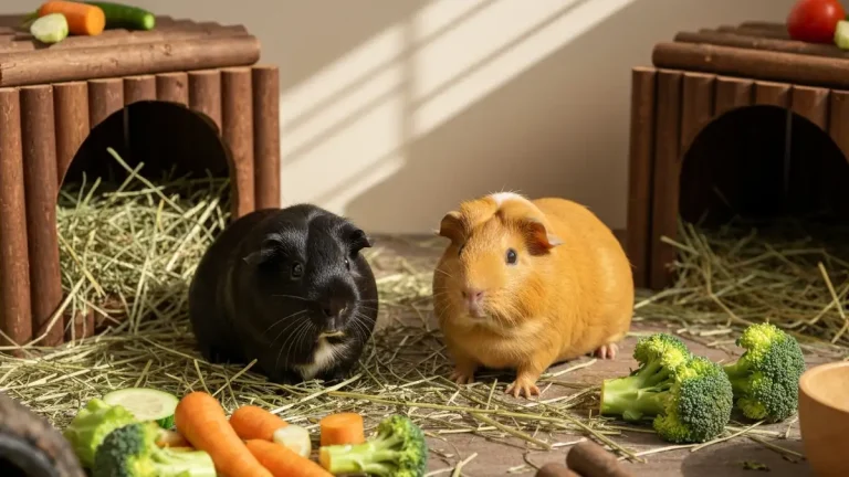 Dwa samce świnek morskich w terrariumie z ukrytkami i zieleniną