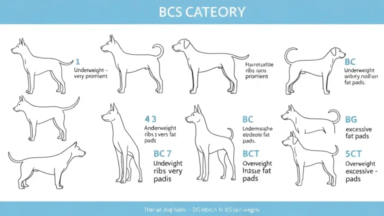 Diagram skali BCS - ocena kondycji psów od niedowagi do otyłości z obrazkami profilu i widoku z góry