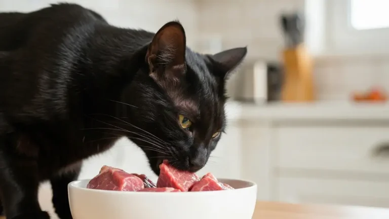 Kocur jedzący świeże mięso surowe z miseczki - dieta BARF dla kotów