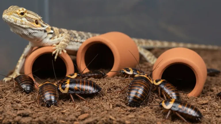 Karaczany madagaskarskie w pojemniku terrarium obok agamy brodatej