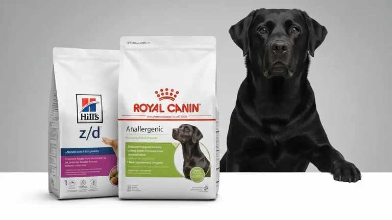Opakowania karmy Hill's z/d i Royal Canin Anallergenic obok zdrowszego psa bez objawów alergii