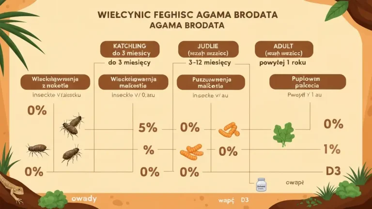 Tabela karmienia agamy brodatej według wieku - schemat z podziałem na owady i zielenię
