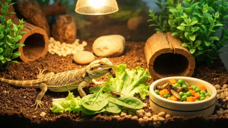 Młoda agama brodata jedząca owady i zielenię w terrarium