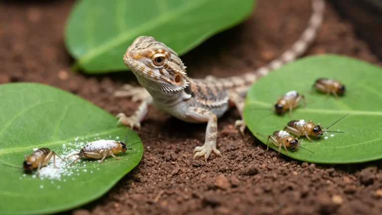 Noworodek agamy brodatej w terrarium z małymi świerszczami i zielonymi liśćmi
