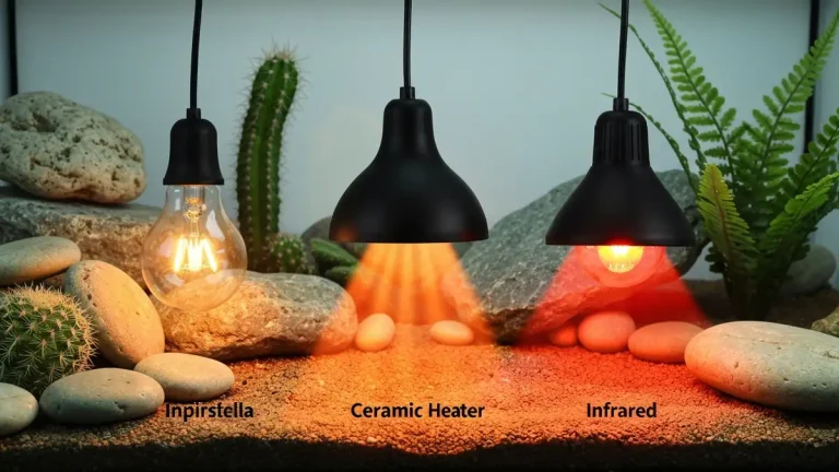 Zestaw różnych lamp grzewczych dla agamy brodatej: żarnikowa, ceramiczna i podczerwieni w terrarium