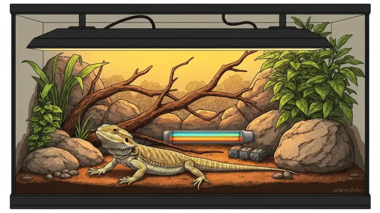 Agama brodata siedząca w naturalistycznym terrarium z ciepłą strefą i roślinami, ilustracja problemu zdrowotnego impakcji