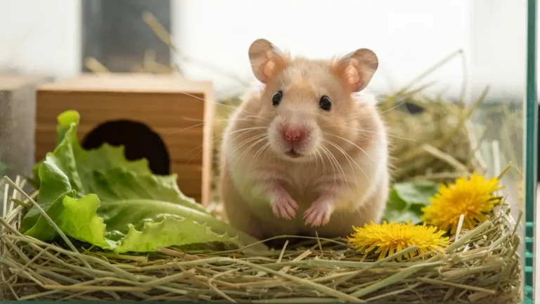 Dorosły chomik syryjski w czystym terrarium z sianem i zielenią