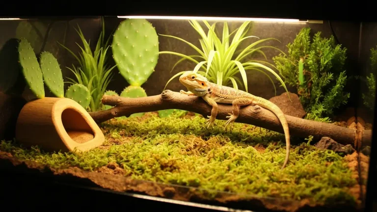 Młoda agama brodata w terrarium z oświetleniem UVB i zielenią