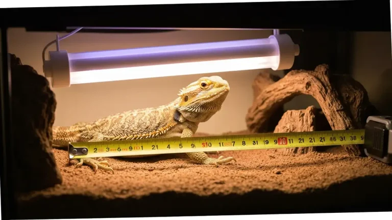 Agama brodata siedząca pod świetlówką UVB w terrariumie, mierząca odległość od lampy do ciała gada