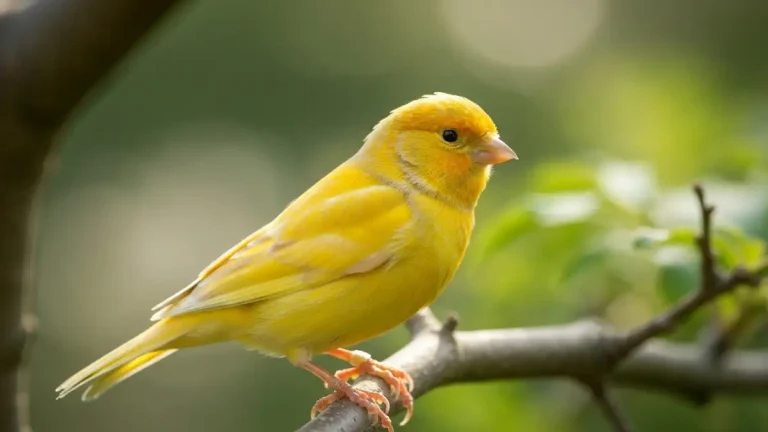 Zdrowy kanarek z pięknymi, lśniącymi piórami siedzi na gałęzi w naturalnm świetle