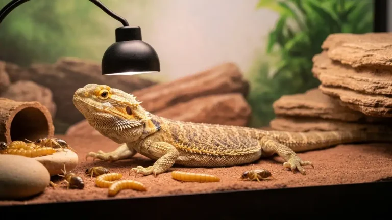 Dorosła agama brodata w terrarium z owadami i wapniem pudrowym na podłożu