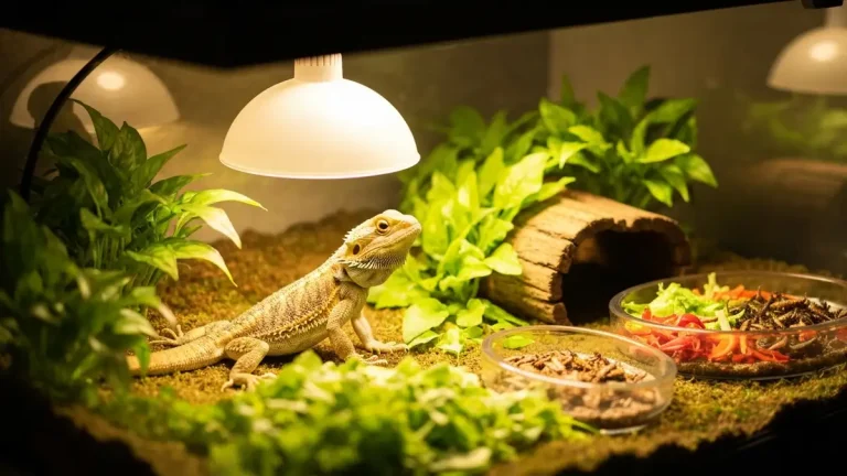 Agama brodata w terrarium z lampą UVB i zdywersyfikowaną dietą zawierającą warzywa liściaste i owady