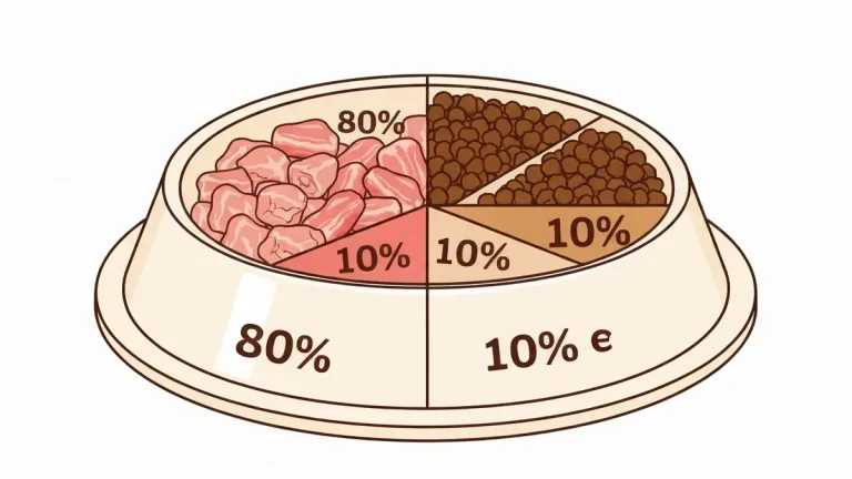 Porównanie proporcji BARF dla kota - mięso 80%, kości 10%, podroby 10% w porcji na talerzu