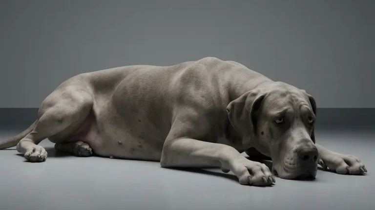 Pies rasy Dog Niemiecki z bolesnym wyrazem pyska lezący na podłodze - objawy skrętu żołądka