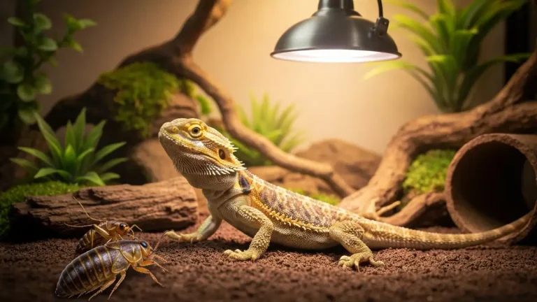 Mloda agama brodata w terrarium z owadkami bogatymi w wapń