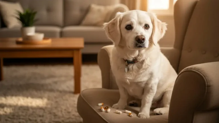 Starszy pies rasy labrador siedzi na kanapie, patrzy w kamerę, w tle buteleczki i opakowania suplementów dla psów
