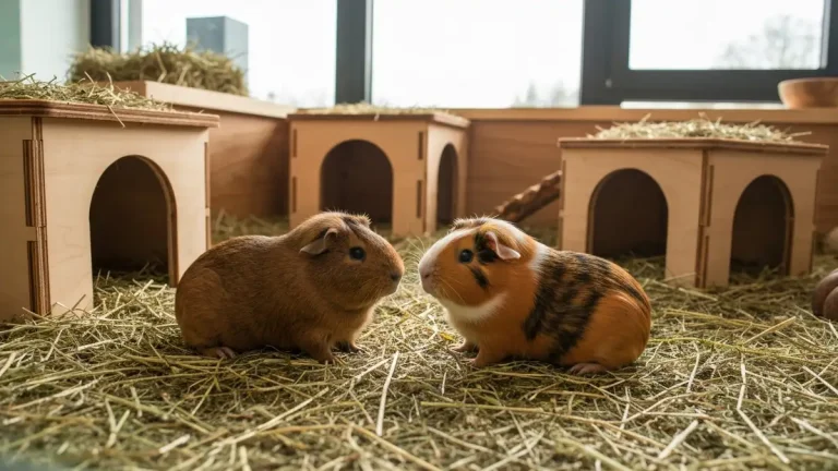 Dwie świnki morskie siedzą blisko siebie w dużym terrarium z sianem, trawą i kryjówkami w naturalnym oświetleniu