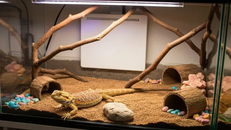 Młoda agama brodata w terrarium o wymiarach 90x60x60 cm z oświetleniem UVB, grzałką i wzbogaceniem