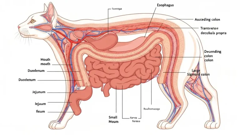 Anatomiczny schemat układu pokarmowego kota - esofag, żołądek, jelita cienkie i grube