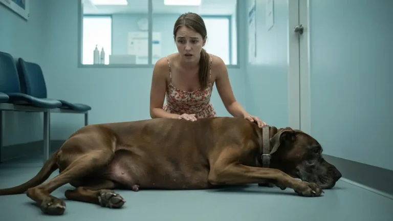 Duży pies rasy dog alzacki leżący z powiększonym brzuchem - objawy GDV u psa