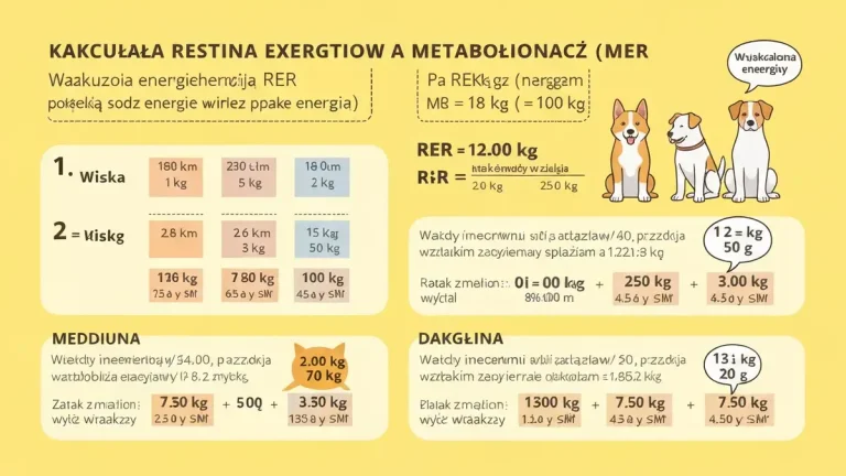 Infografika pokazująca wzory RER i MER dla psa z przykładami obliczeń wagi i kalorii