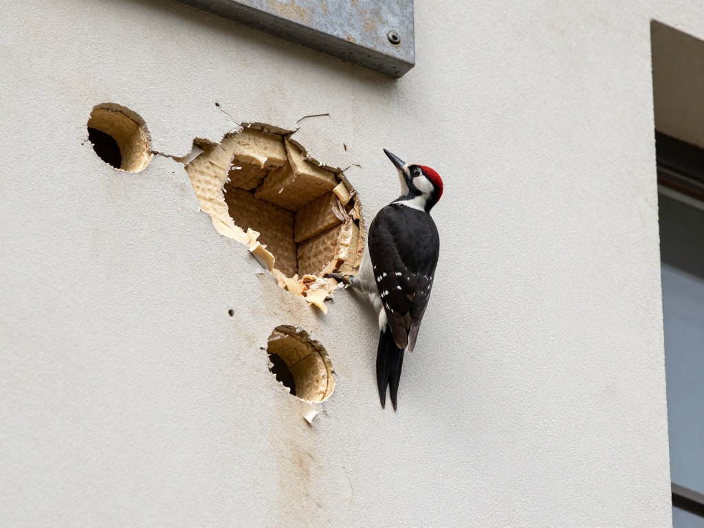uszkodzenia elewacji spowodowane przez dzięcioła
